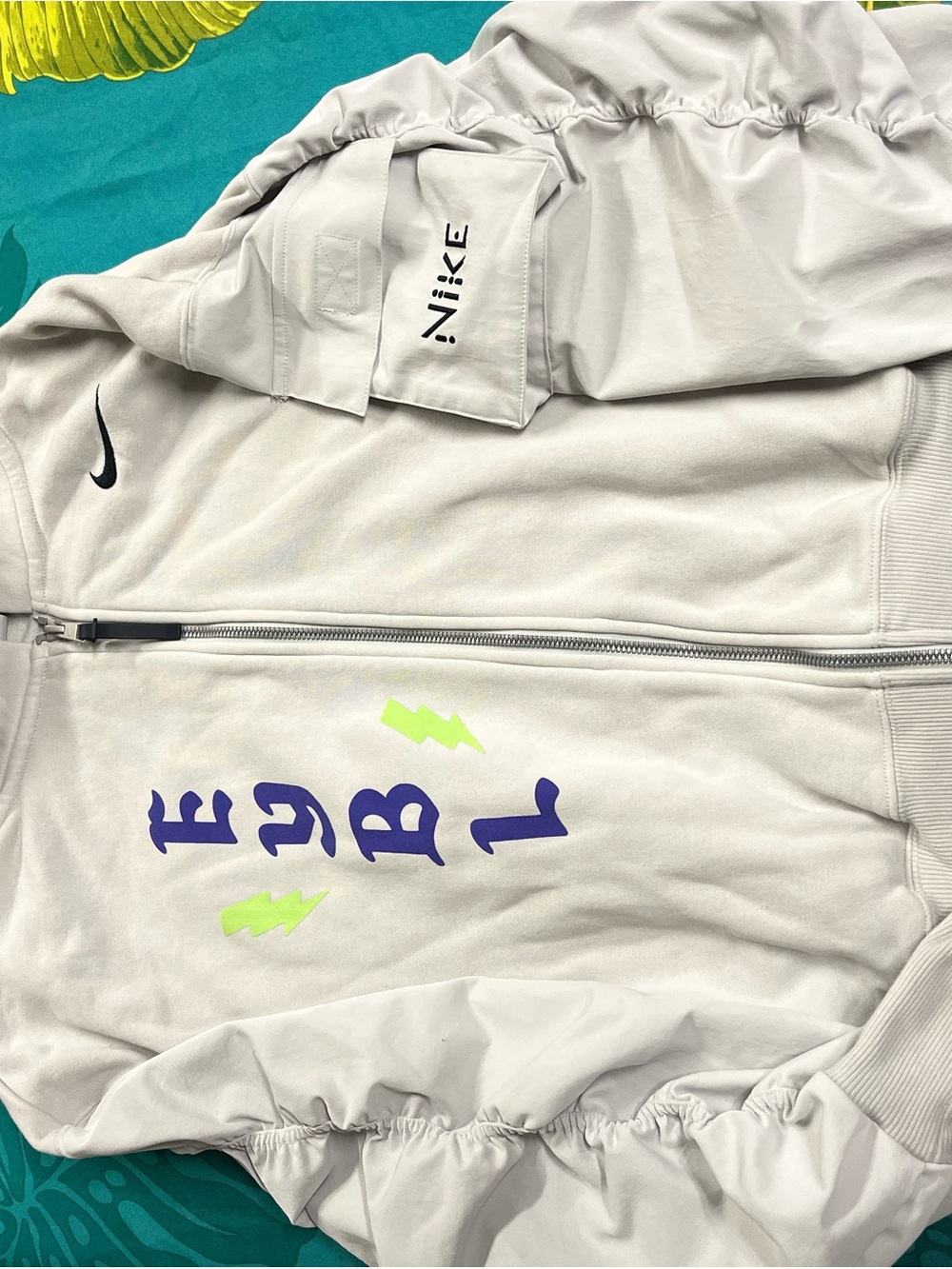 Nike women Light Gray Full-Zip Hoodie with Purple Lettering & Lime Lightning
